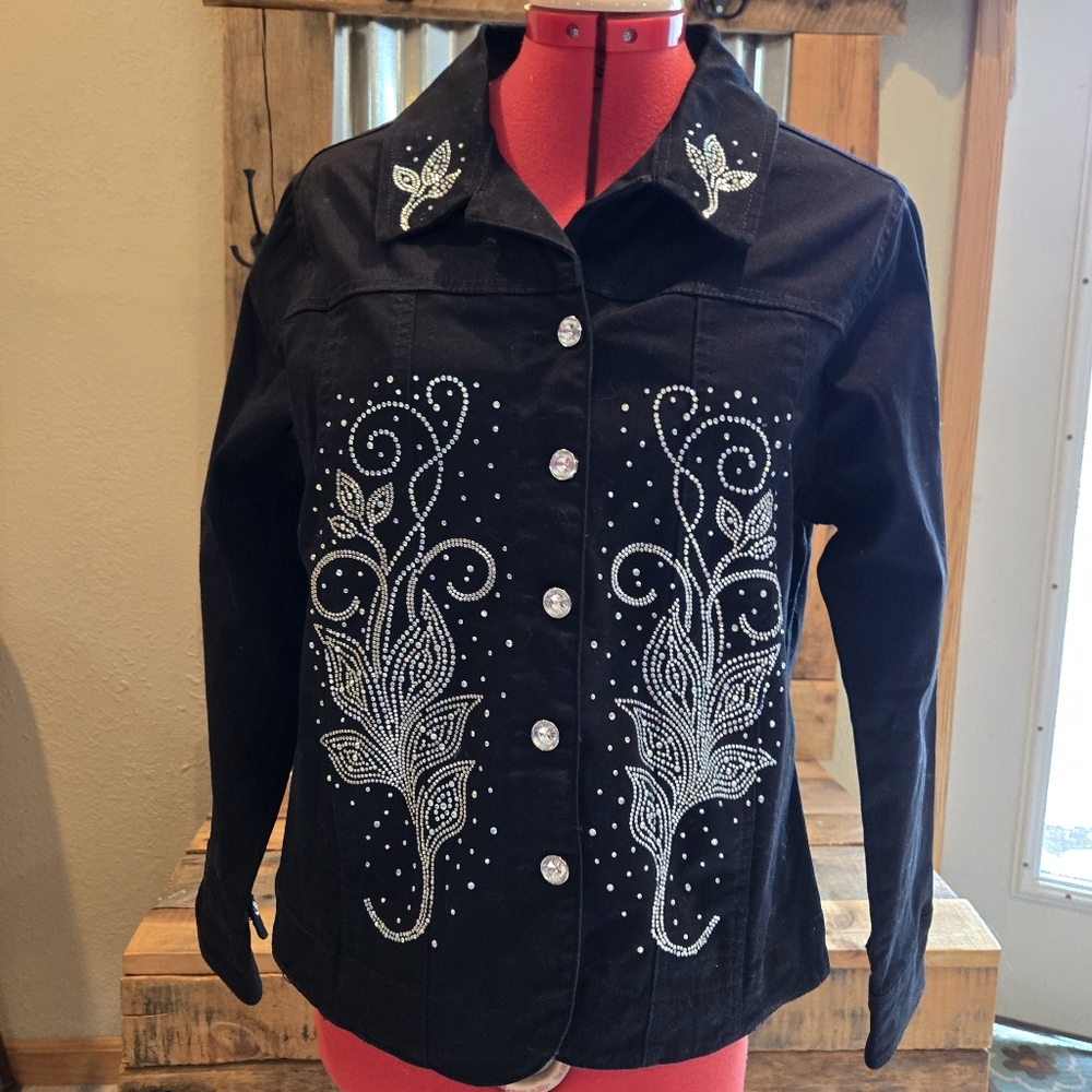 New Sparkly Black Jean Jacket S-M Rhinestones Get Lucky U.S.A. - Picture 2 of 5